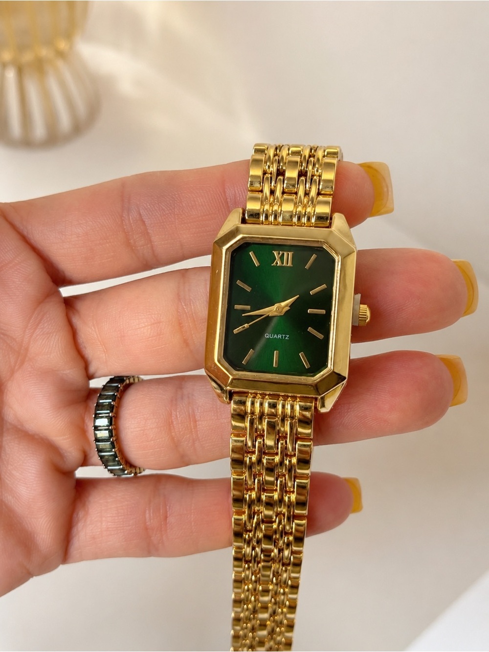 Gold-Tone Bracelet Watch with Green Dial